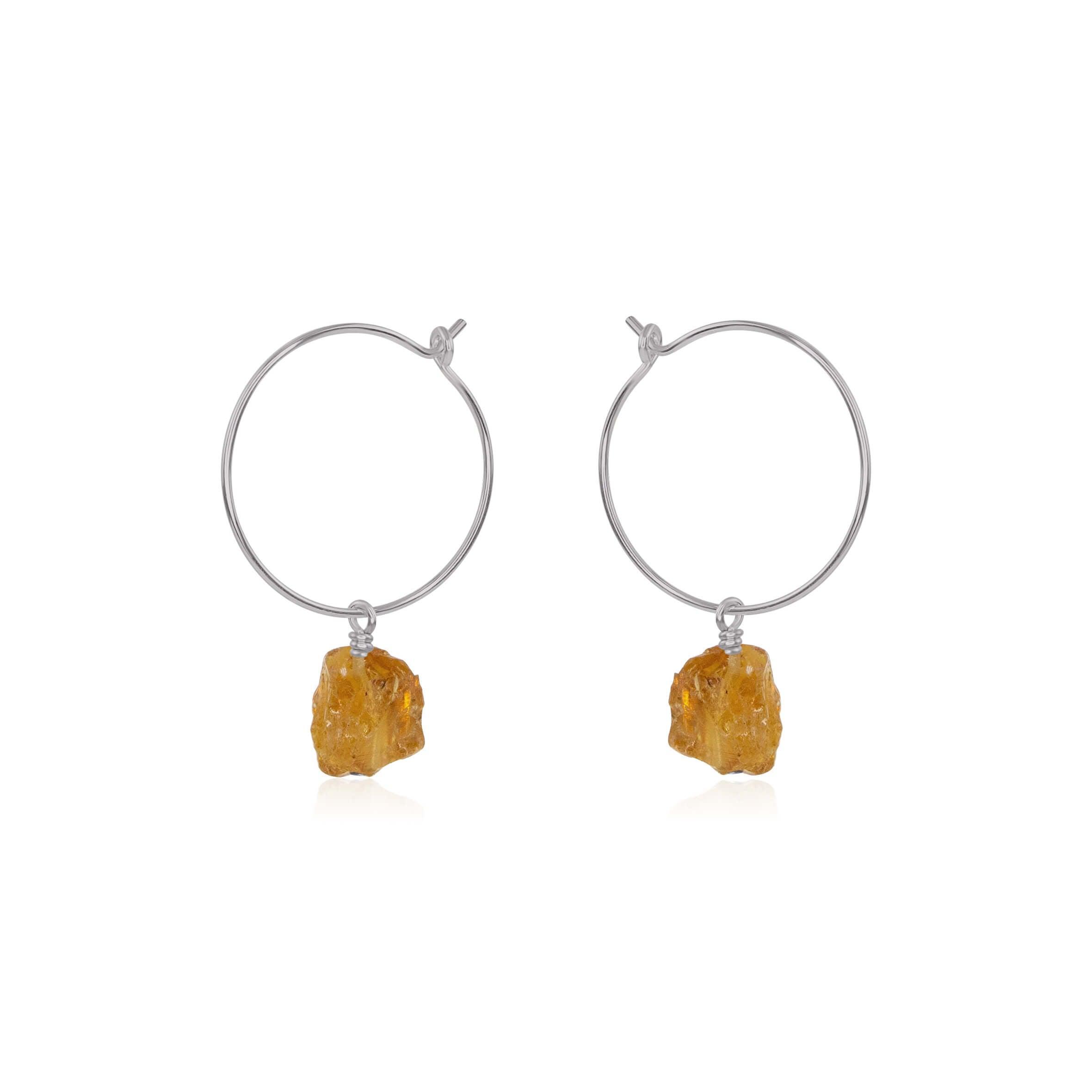 Raw Citrine Gemstone Dangle Hoop Earrings - Raw Citrine Gemstone Dangle Hoop Earrings - Stainless Steel - Luna Tide Handmade Crystal Jewellery