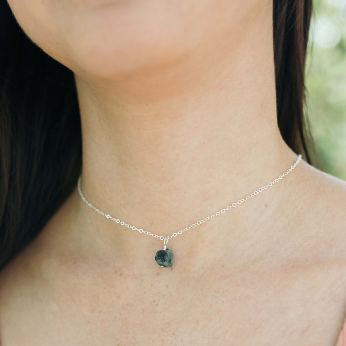 Raw Crystal Pendant Choker - Emerald - Sterling Silver - Luna Tide Handmade Jewellery