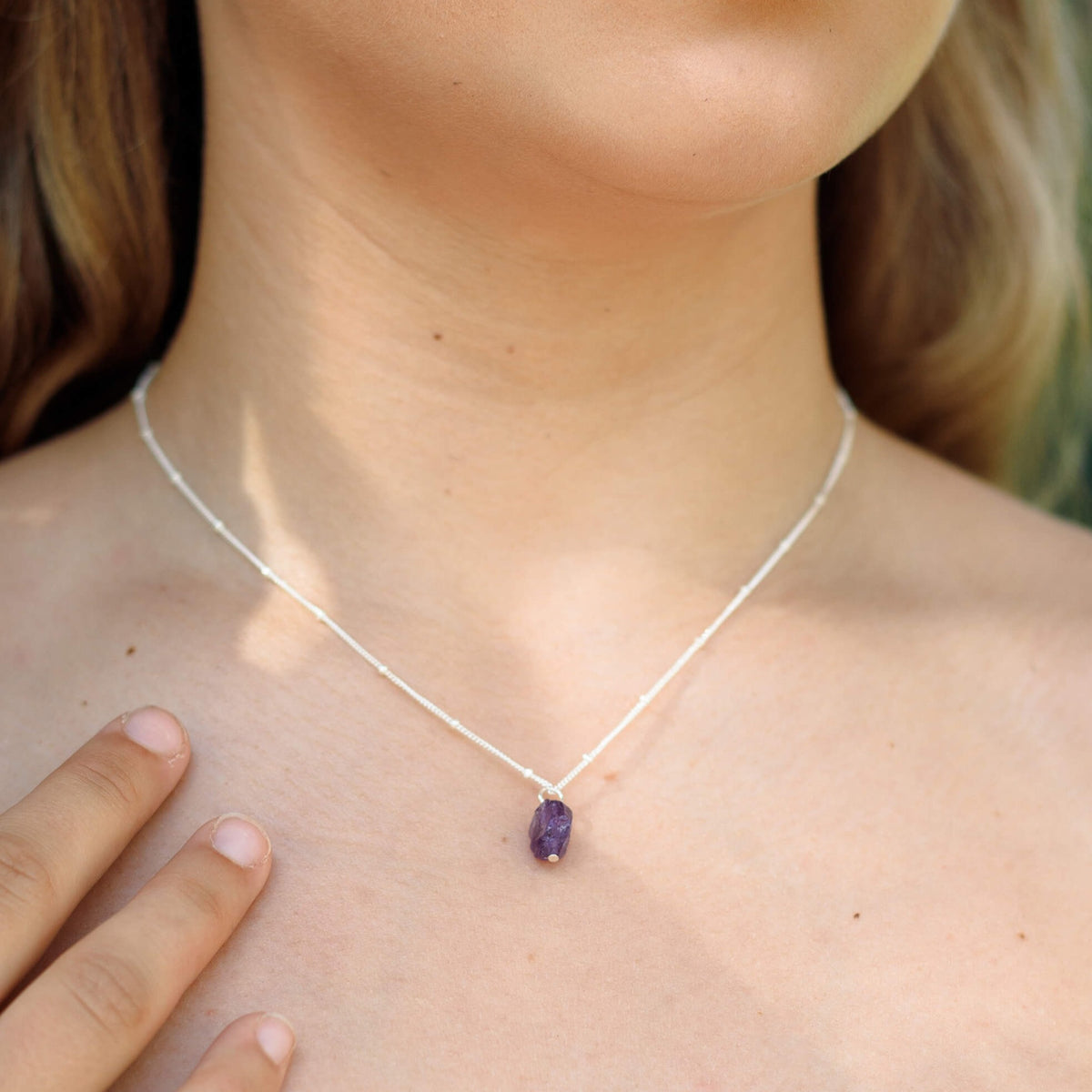 Raw Crystal Pendant Necklace - Amethyst - Sterling Silver Satellite - Luna Tide Handmade Jewellery
