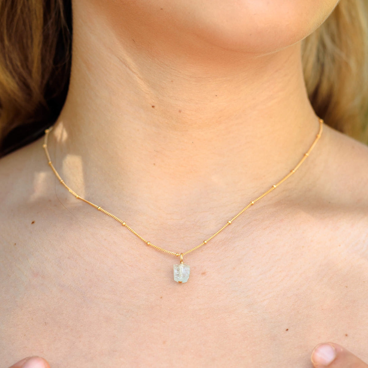 Raw Crystal Pendant Necklace - Aquamarine - 14K Gold Fill Satellite - Luna Tide Handmade Jewellery