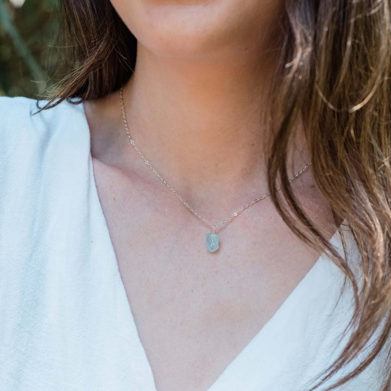 Raw Crystal Pendant Necklace - Aquamarine - Sterling Silver - Luna Tide Handmade Jewellery