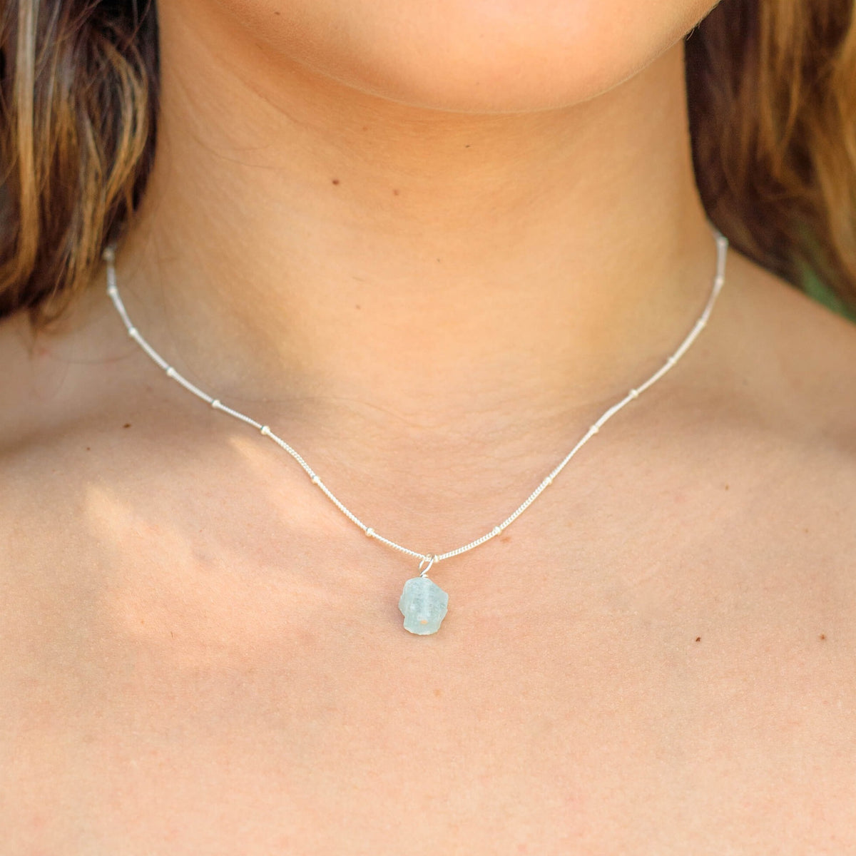 Raw Crystal Pendant Necklace - Aquamarine - Sterling Silver Satellite - Luna Tide Handmade Jewellery
