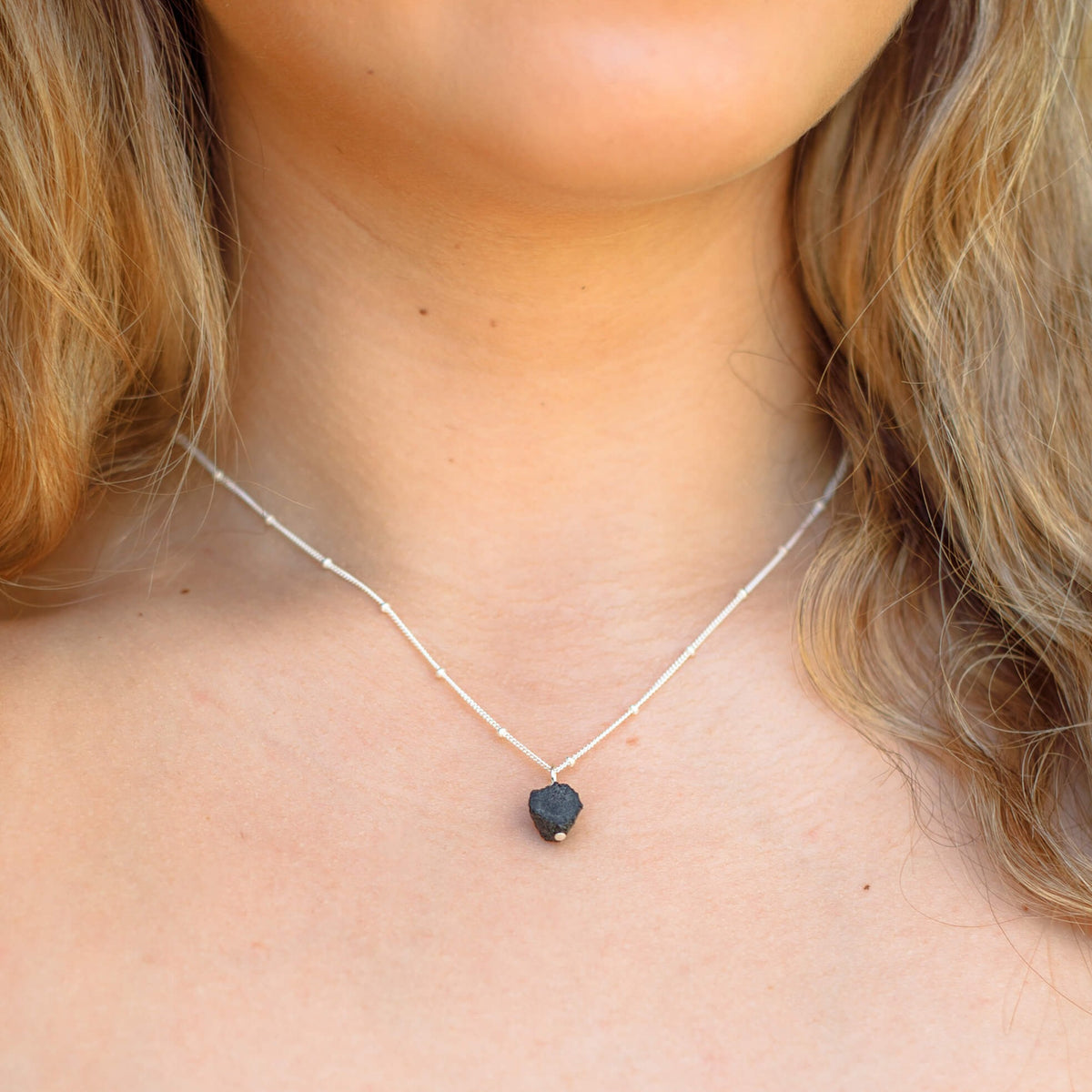 Raw Crystal Pendant Necklace - Black Tourmaline - Sterling Silver Satellite - Luna Tide Handmade Jewellery