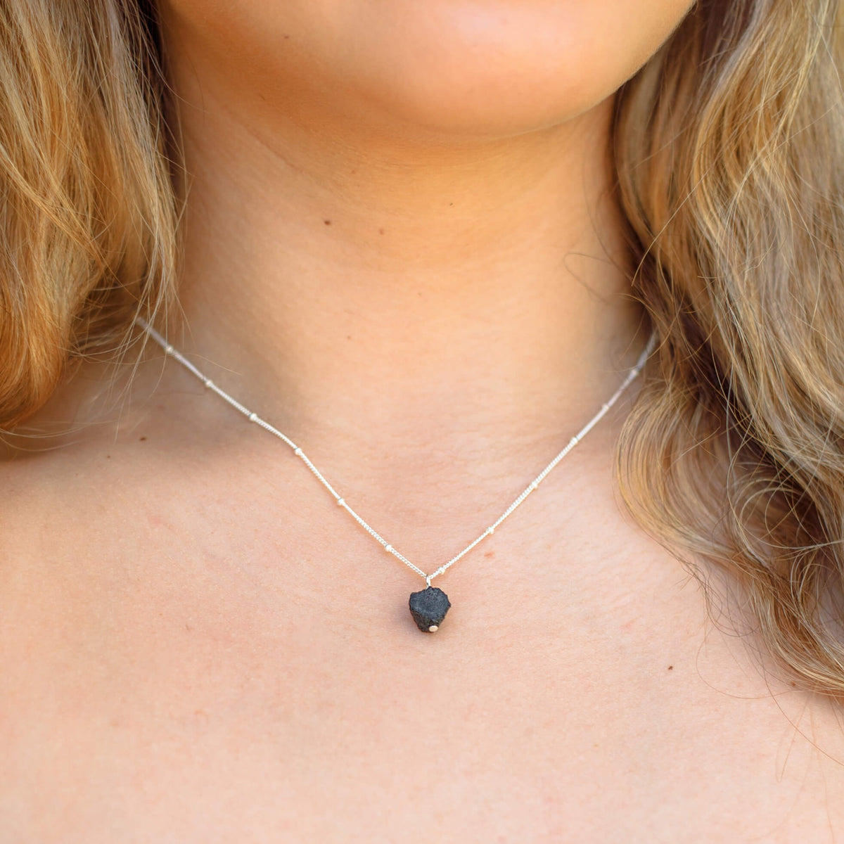 Raw Crystal Pendant Necklace - Black Tourmaline - Sterling Silver Satellite - Luna Tide Handmade Jewellery