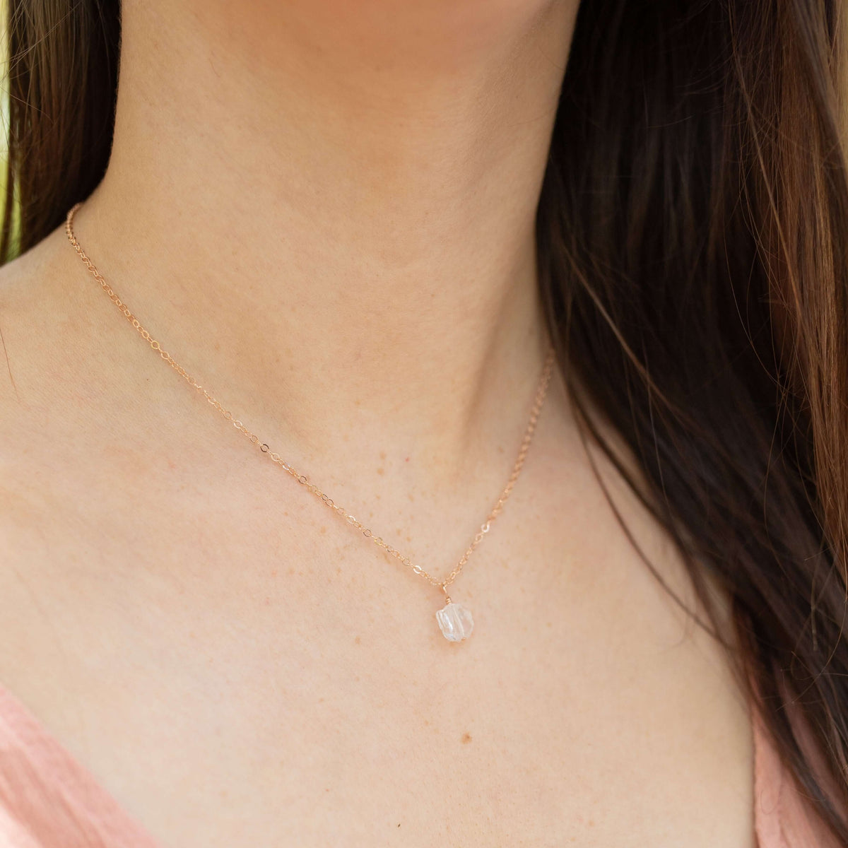 Raw Crystal Pendant Necklace - Crystal Quartz - 14K Rose Gold Fill - Luna Tide Handmade Jewellery