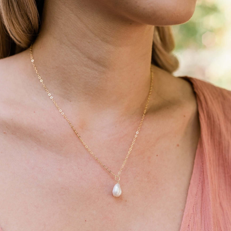 Raw Crystal Pendant Necklace - Freshwater Pearl - 14K Gold Fill - Luna Tide Handmade Jewellery