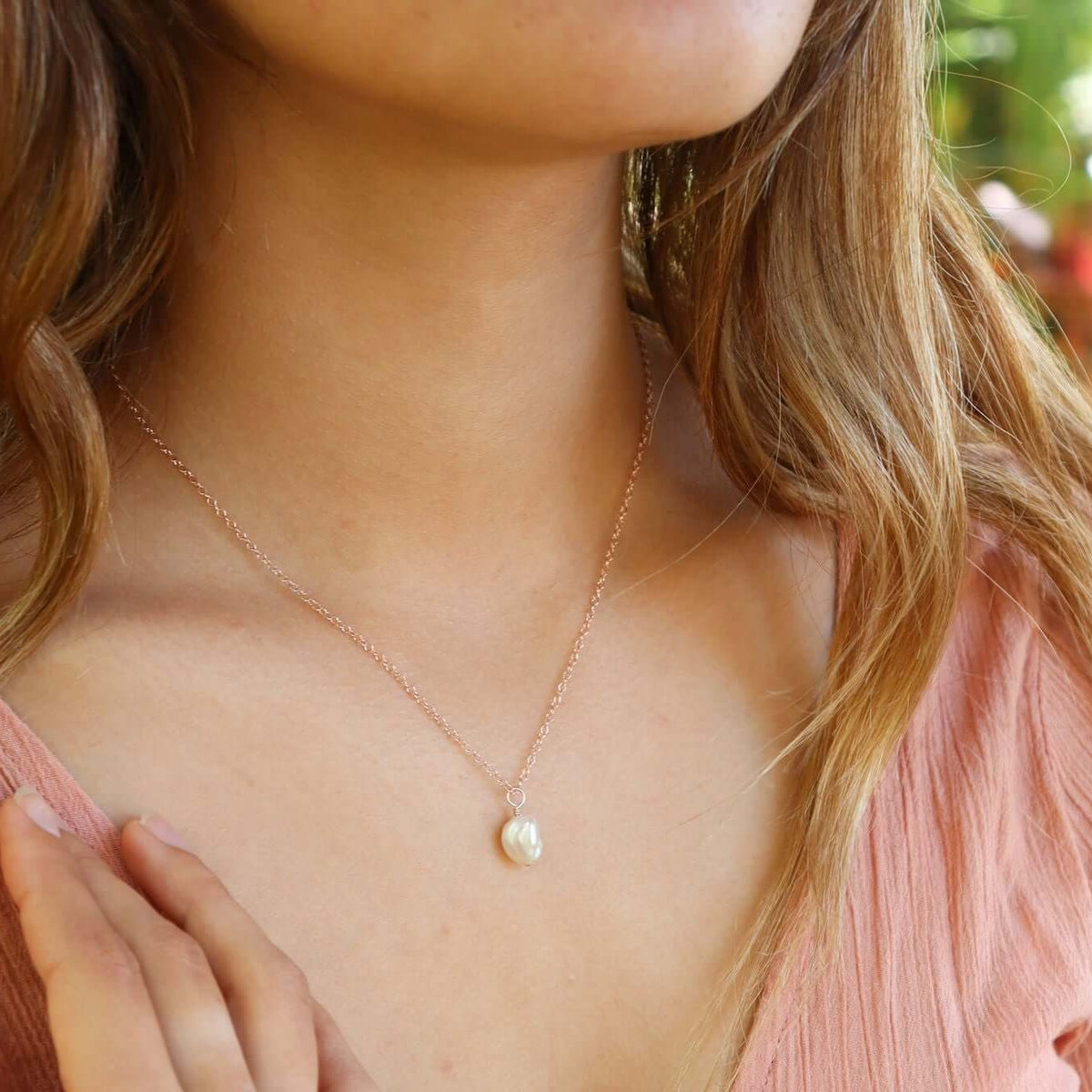 Raw Crystal Pendant Necklace - Freshwater Pearl - 14K Rose Gold Fill - Luna Tide Handmade Jewellery