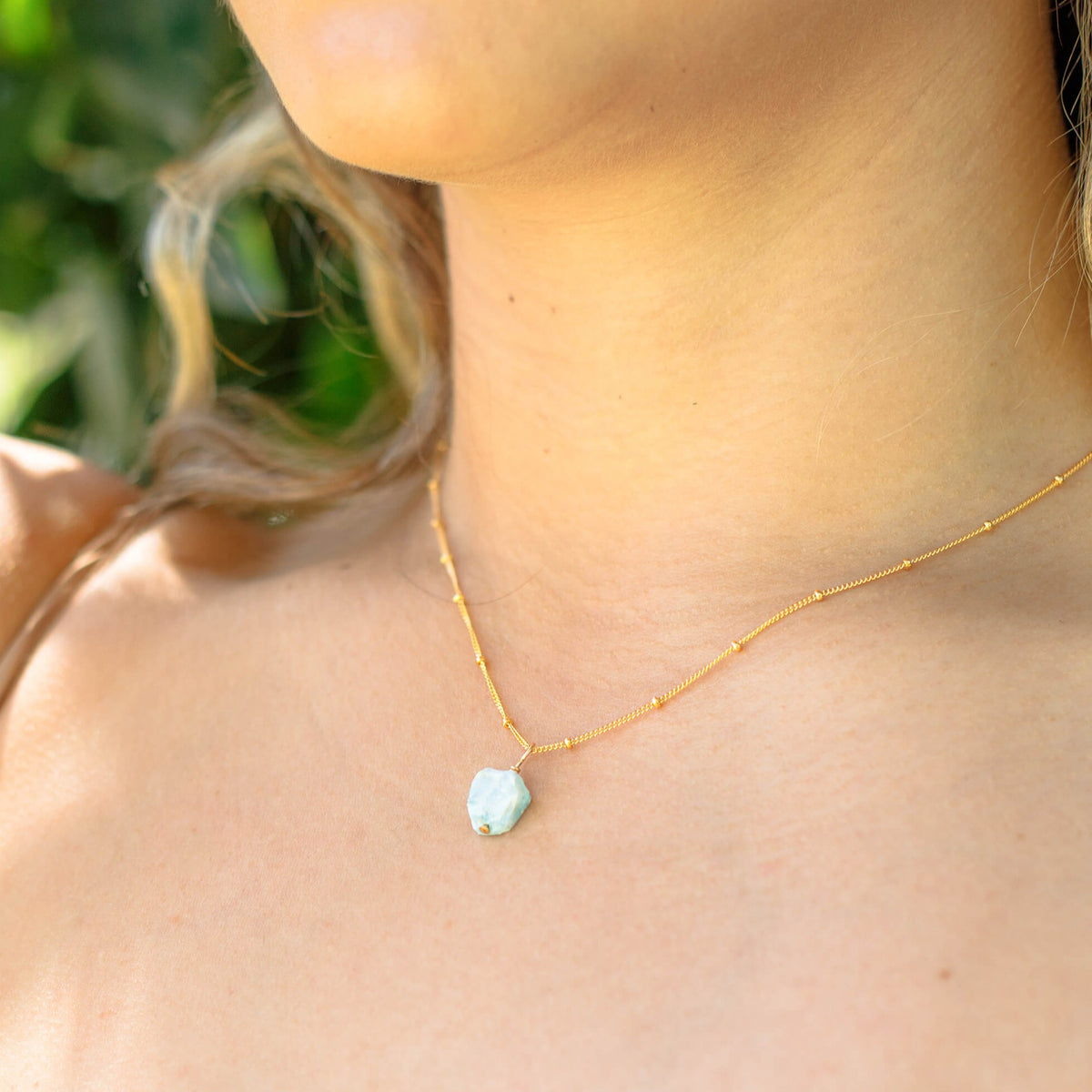 Raw Crystal Pendant Necklace - Larimar - 14K Gold Fill Satellite - Luna Tide Handmade Jewellery