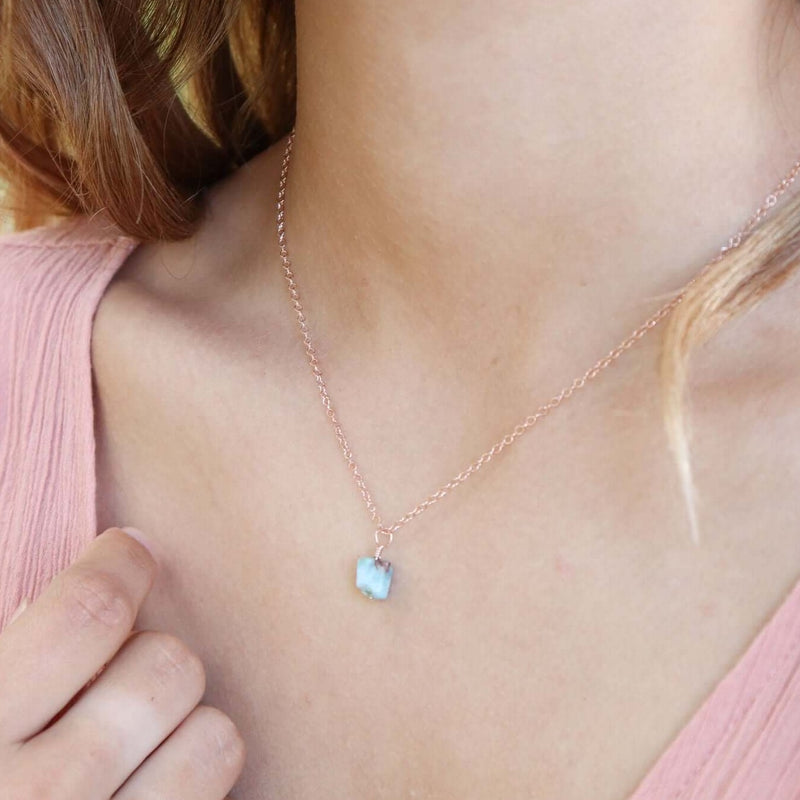 Raw Crystal Pendant Necklace - Larimar - 14K Rose Gold Fill - Luna Tide Handmade Jewellery