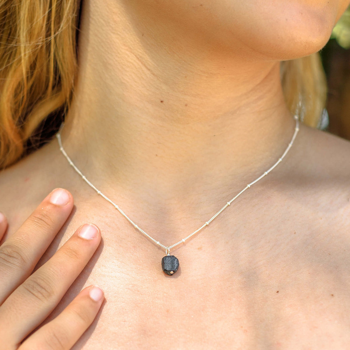 Raw Crystal Pendant Necklace - Obsidian - Sterling Silver Satellite - Luna Tide Handmade Jewellery