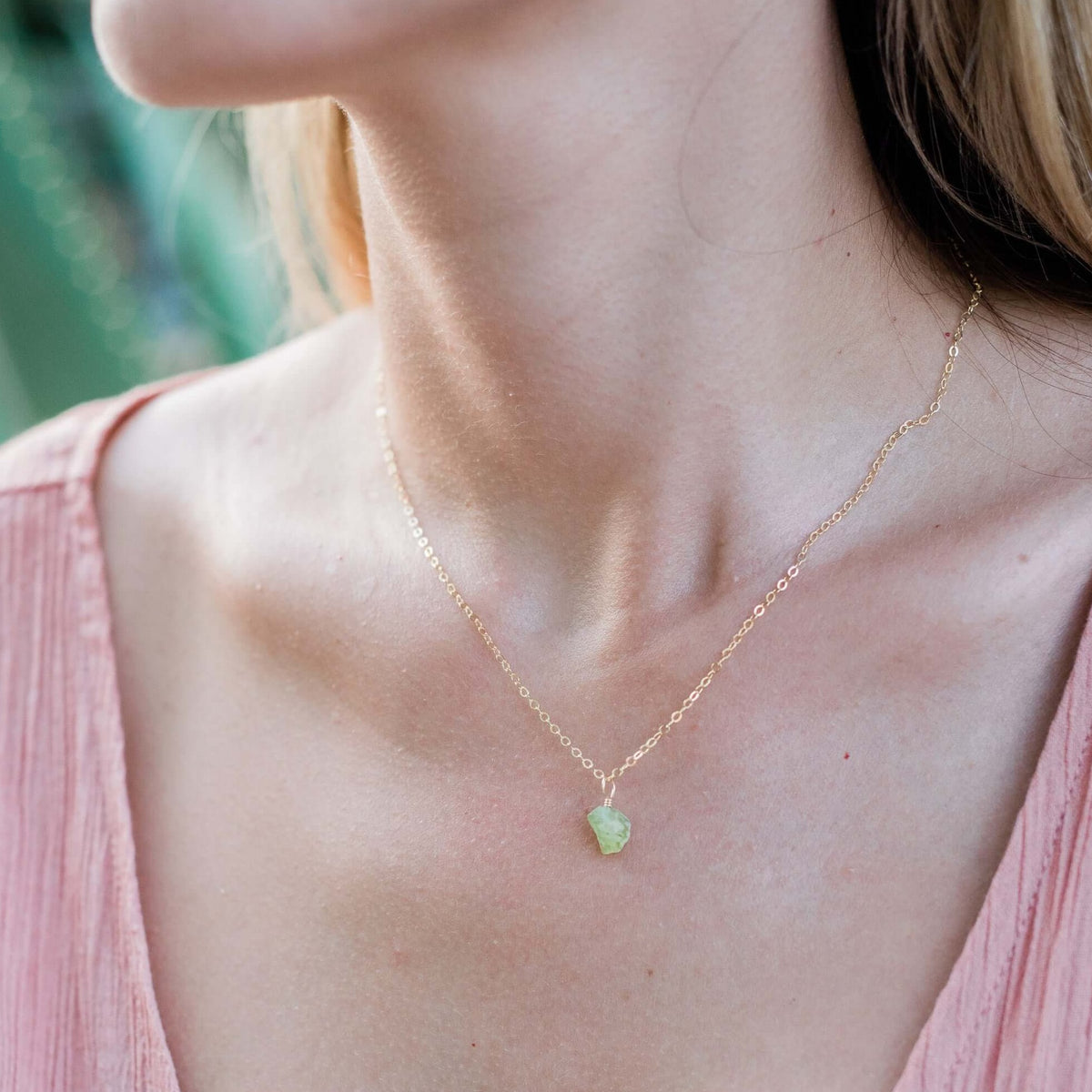 Raw Crystal Pendant Necklace - Peridot - 14K Gold Fill - Luna Tide Handmade Jewellery
