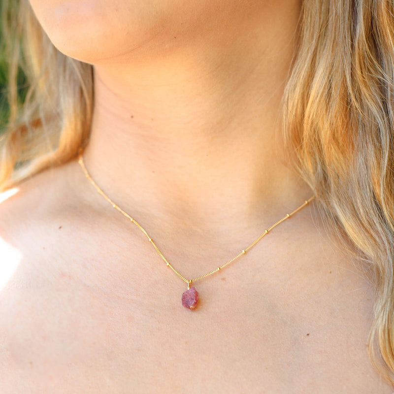 Raw Crystal Pendant Necklace - Pink Tourmaline - 14K Gold Fill Satellite - Luna Tide Handmade Jewellery