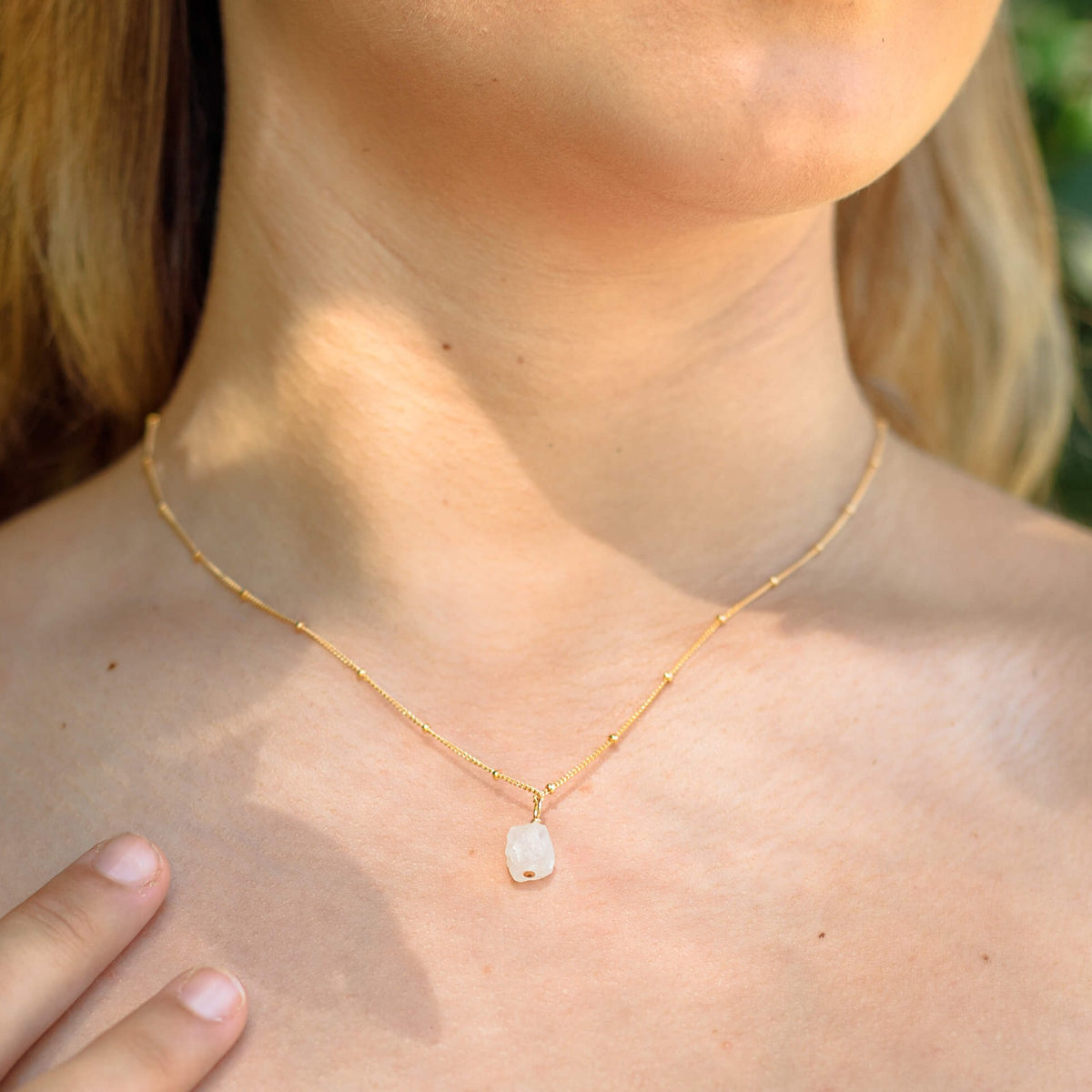 Raw Crystal Pendant Necklace - Rainbow Moonstone - 14K Gold Fill Satellite - Luna Tide Handmade Jewellery