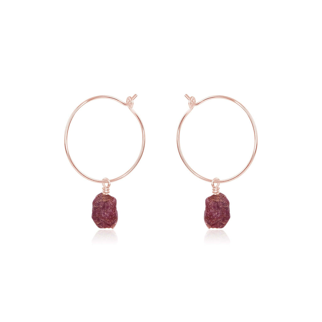 Raw Earth Red Ruby Gemstone Dangle Hoop Earrings - Raw Earth Red Ruby Gemstone Dangle Hoop Earrings - 14k Rose Gold Fill - Luna Tide Handmade Crystal Jewellery