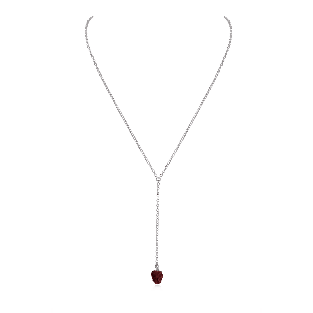 Raw Garnet Crystal Lariat Necklace - Raw Garnet Crystal Lariat Necklace - Stainless Steel - Luna Tide Handmade Crystal Jewellery