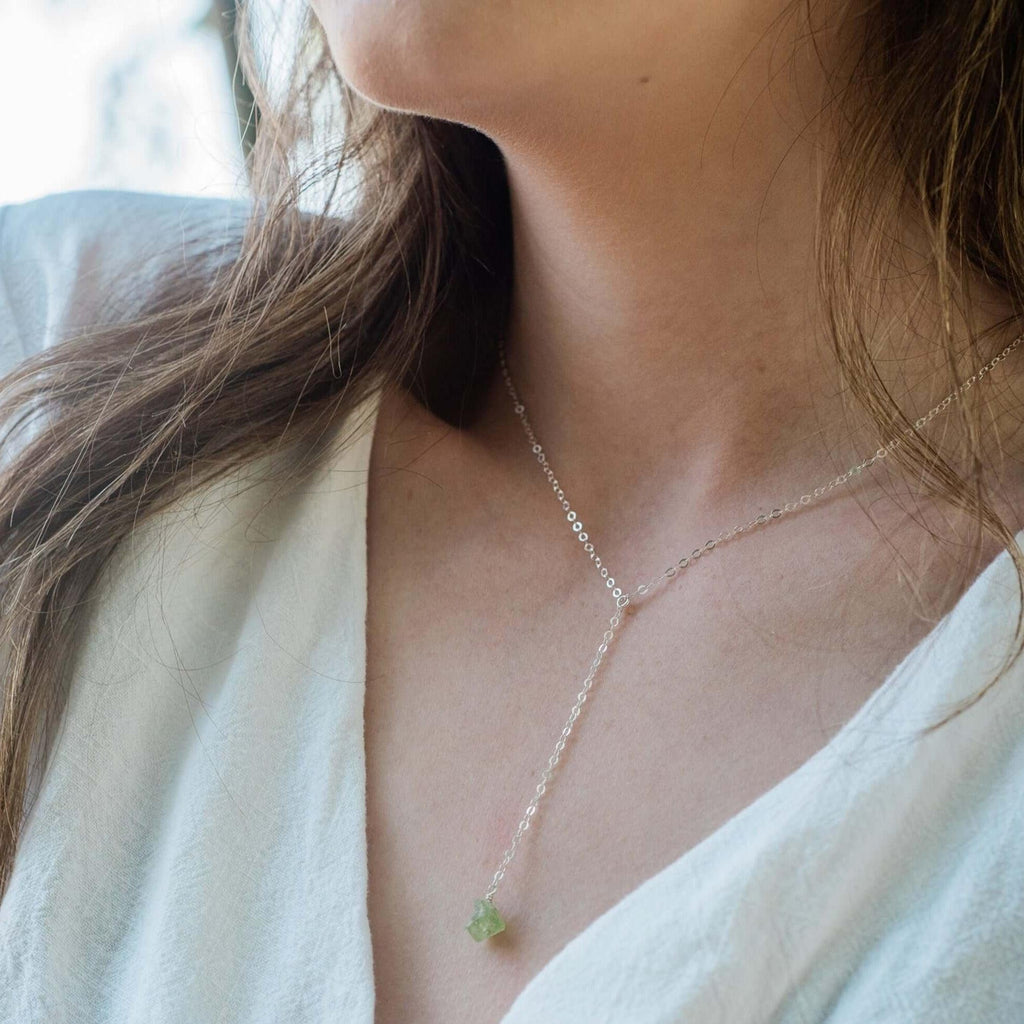 Raw Green Peridot Crystal Lariat Necklace - Raw Green Peridot Crystal Lariat Necklace - 14k Gold Fill - Luna Tide Handmade Crystal Jewellery