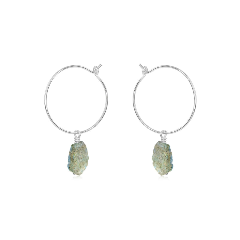 Raw Labradorite Gemstone Dangle Hoop Earrings - Raw Labradorite Gemstone Dangle Hoop Earrings - Sterling Silver - Luna Tide Handmade Crystal Jewellery
