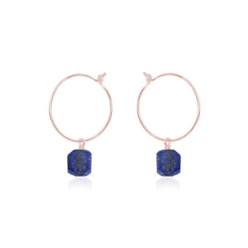 Raw Lapis Lazuli Gemstone Dangle Hoop Earrings - Raw Lapis Lazuli Gemstone Dangle Hoop Earrings - 14k Rose Gold Fill - Luna Tide Handmade Crystal Jewellery