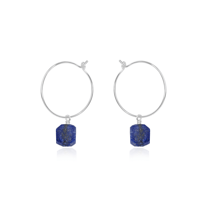 Raw Lapis Lazuli Gemstone Dangle Hoop Earrings - Raw Lapis Lazuli Gemstone Dangle Hoop Earrings - Sterling Silver - Luna Tide Handmade Crystal Jewellery