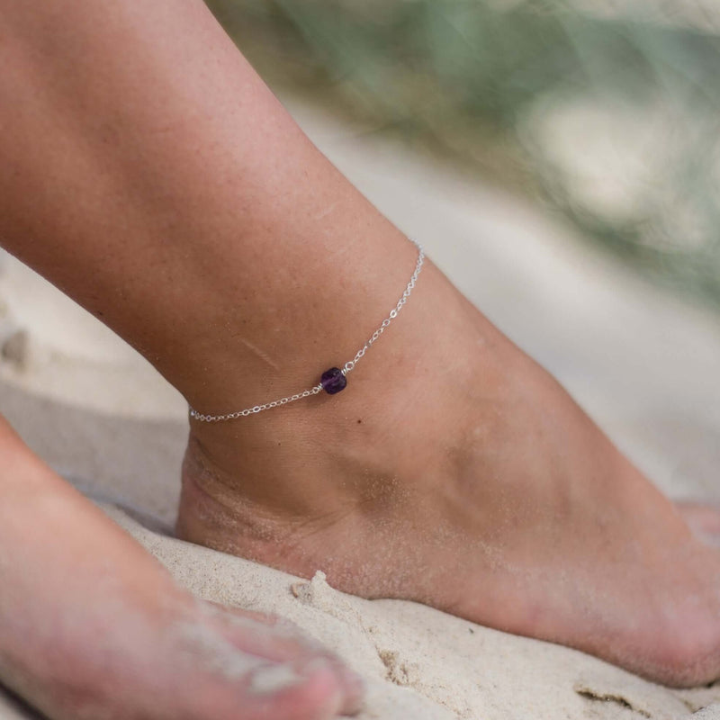 Raw Nugget Anklet - Amethyst - Sterling Silver - Luna Tide Handmade Jewellery