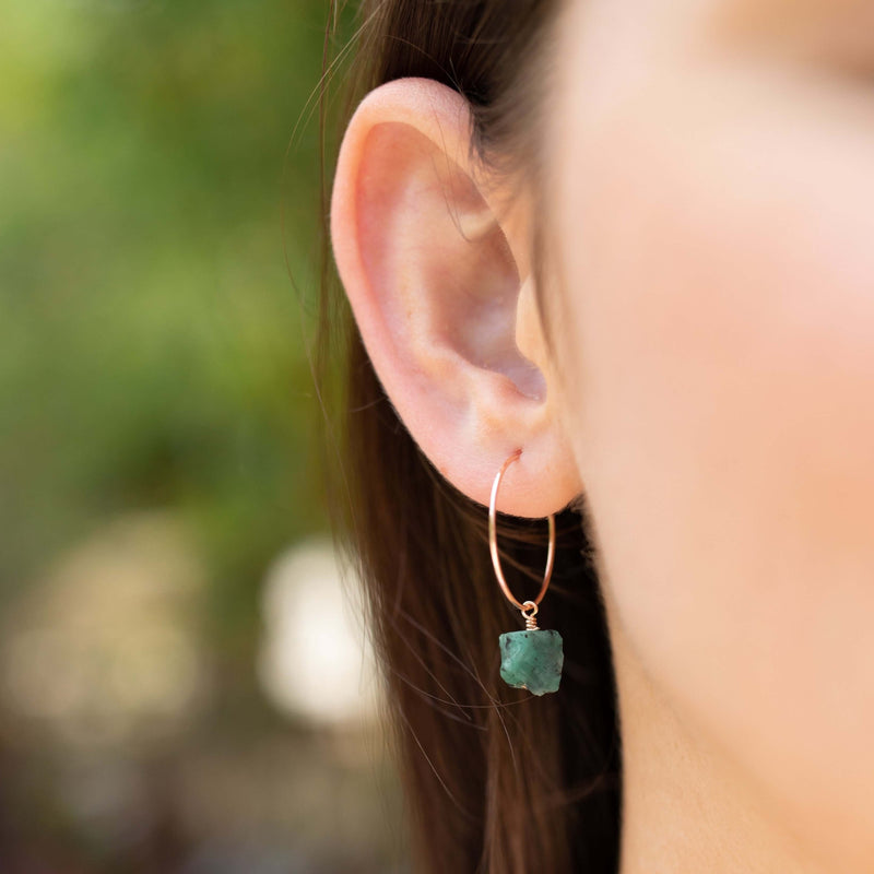Raw Nugget Hoop Earrings - Emerald - 14K Rose Gold Fill - Luna Tide Handmade Jewellery
