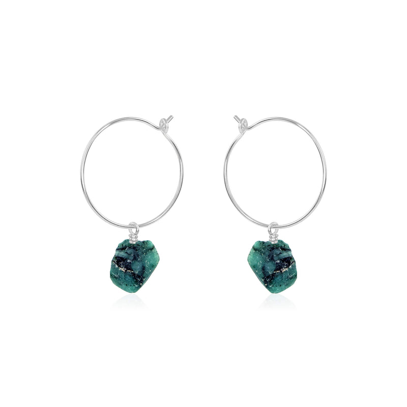 Raw Nugget Hoop Earrings - Emerald - Sterling Silver - Luna Tide Handmade Jewellery