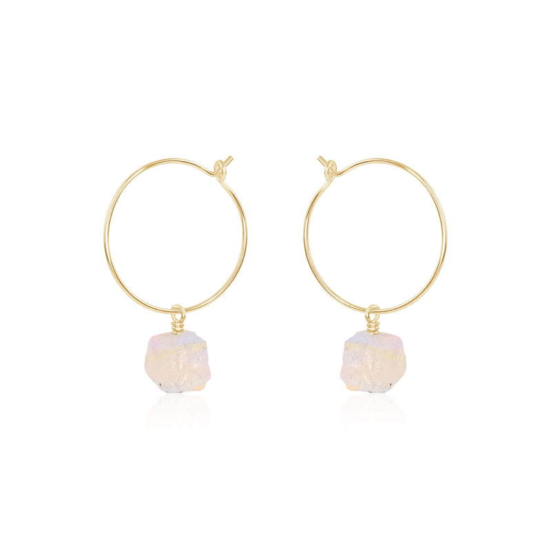 Raw Nugget Hoop Earrings - Rainbow Moonstone - 14K Gold Fill - Luna Tide Handmade Jewellery