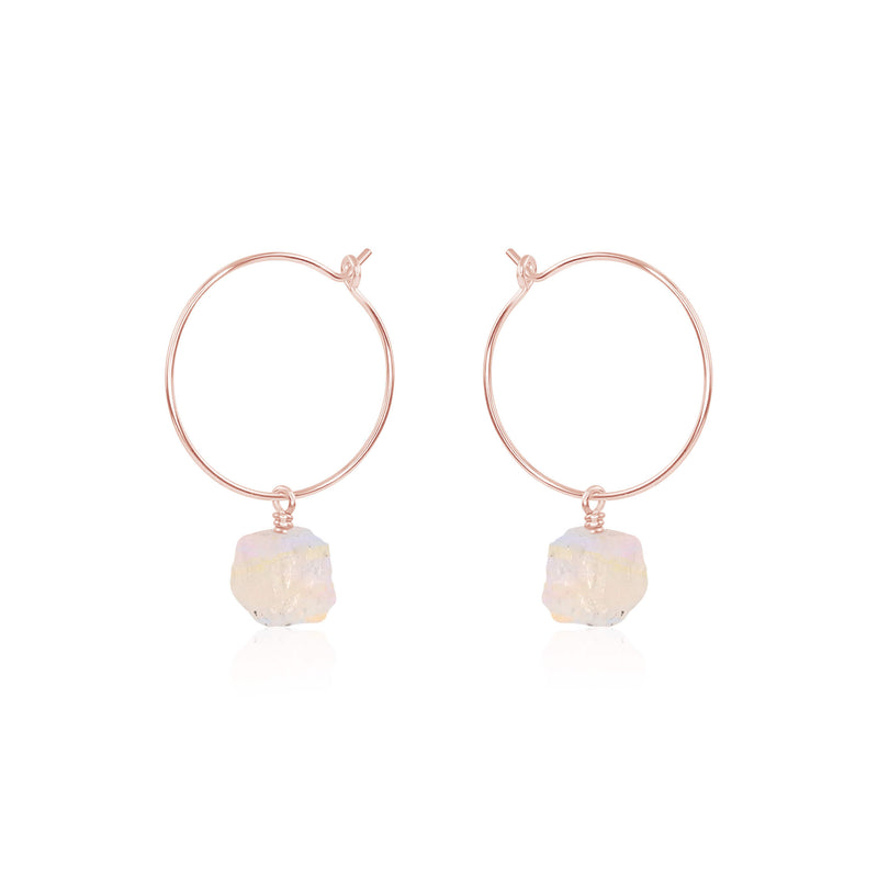 Raw Nugget Hoop Earrings - Rainbow Moonstone - 14K Rose Gold Fill - Luna Tide Handmade Jewellery