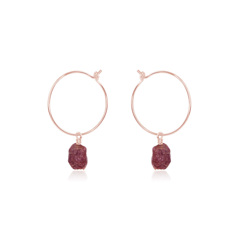 Raw Nugget Hoop Earrings - Ruby - 14K Rose Gold Fill - Luna Tide Handmade Jewellery