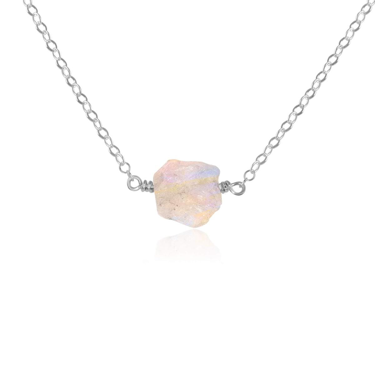 Raw Nugget Necklace - Rainbow Moonstone - Sterling Silver - Luna Tide Handmade Jewellery