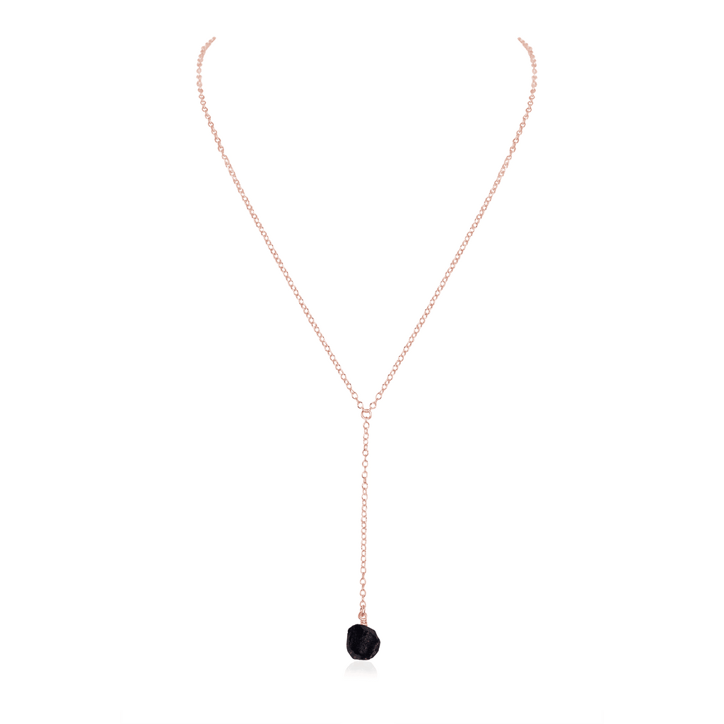 Raw Obsidian Crystal Lariat Necklace - Raw Obsidian Crystal Lariat Necklace - 14k Rose Gold Fill - Luna Tide Handmade Crystal Jewellery