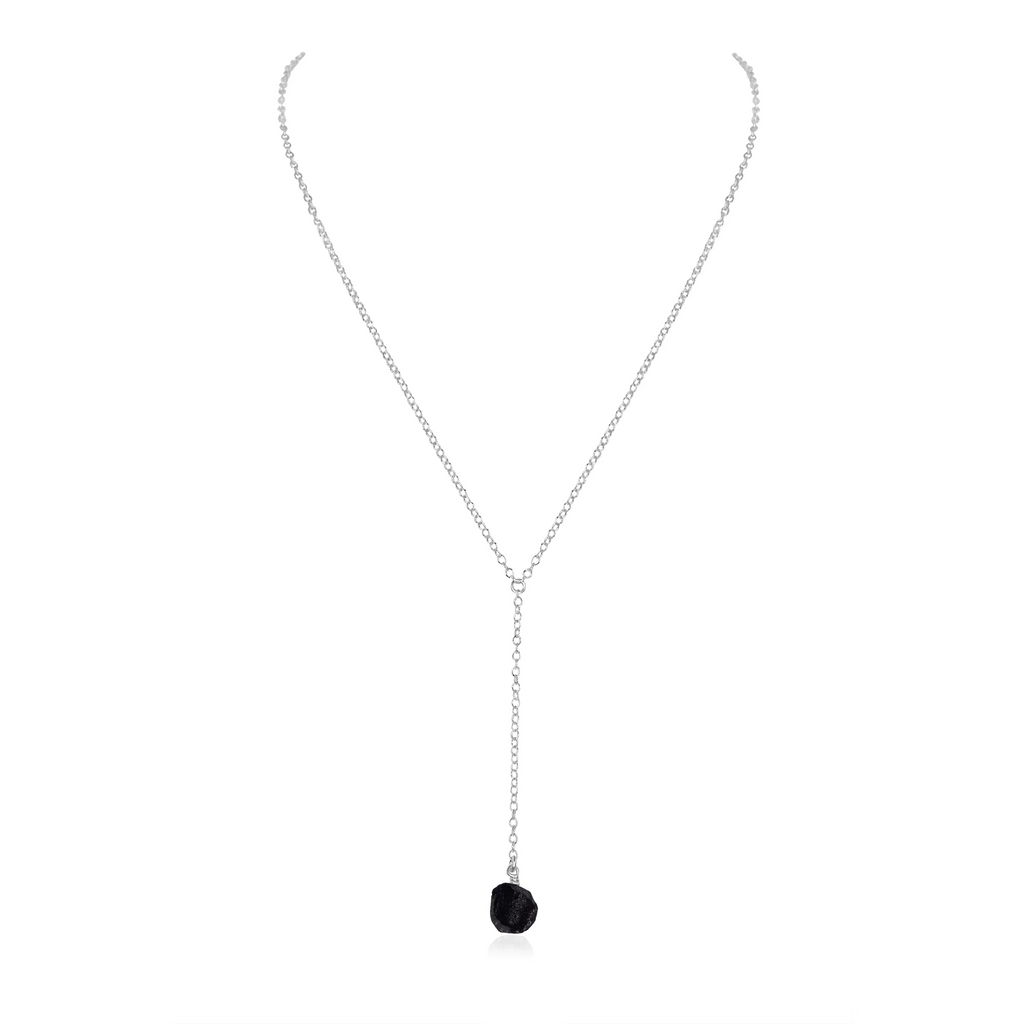 Raw Obsidian Crystal Lariat Necklace - Raw Obsidian Crystal Lariat Necklace - Sterling Silver - Luna Tide Handmade Crystal Jewellery