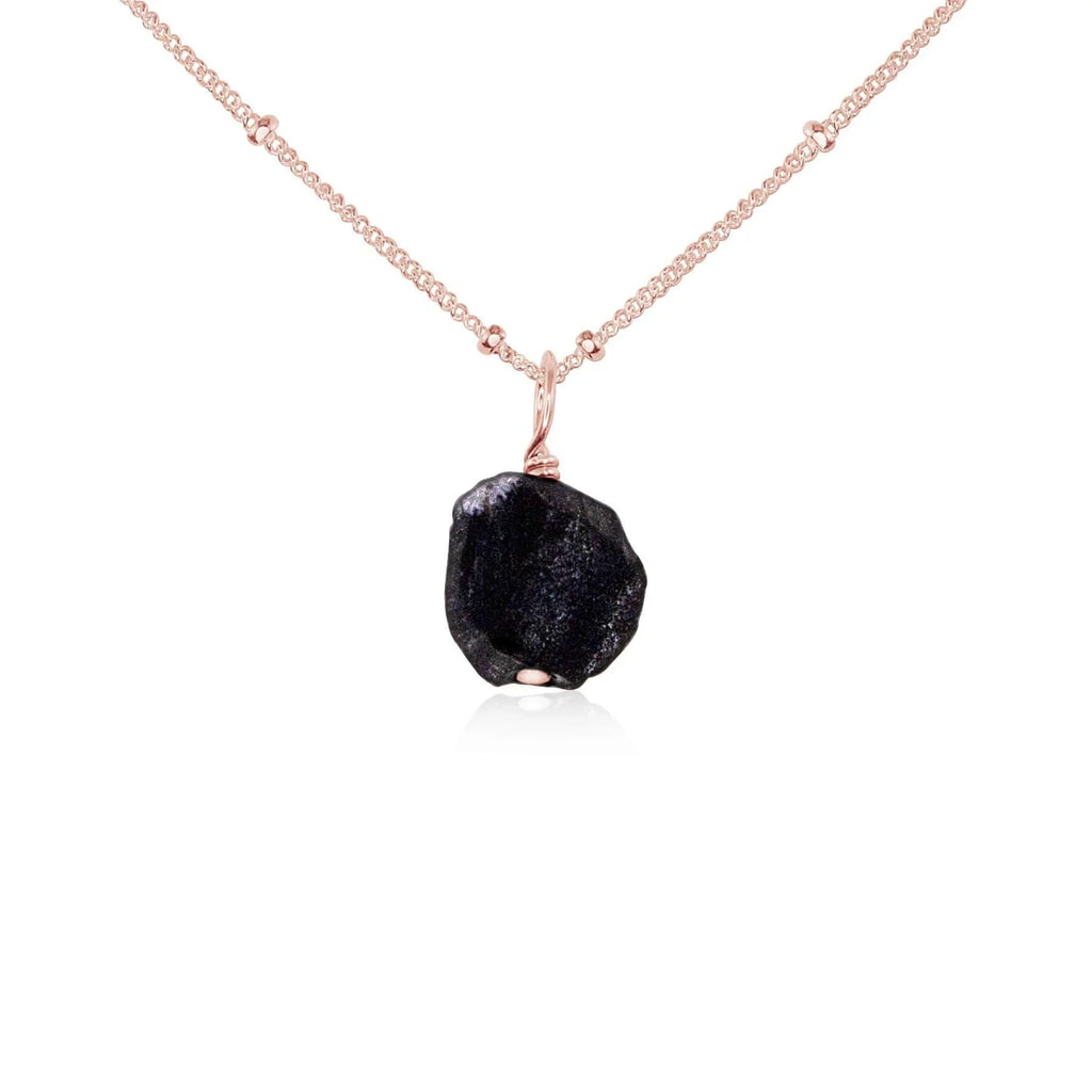 Raw Obsidian Natural Crystal Pendant Necklace - Raw Obsidian Natural Crystal Pendant Necklace - 14k Rose Gold Fill / Satellite - Luna Tide Handmade Crystal Jewellery