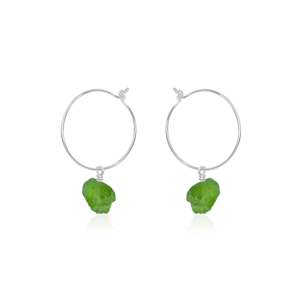Raw Peridot Gemstone Dangle Hoop Earrings - Raw Peridot Gemstone Dangle Hoop Earrings - Sterling Silver - Luna Tide Handmade Crystal Jewellery