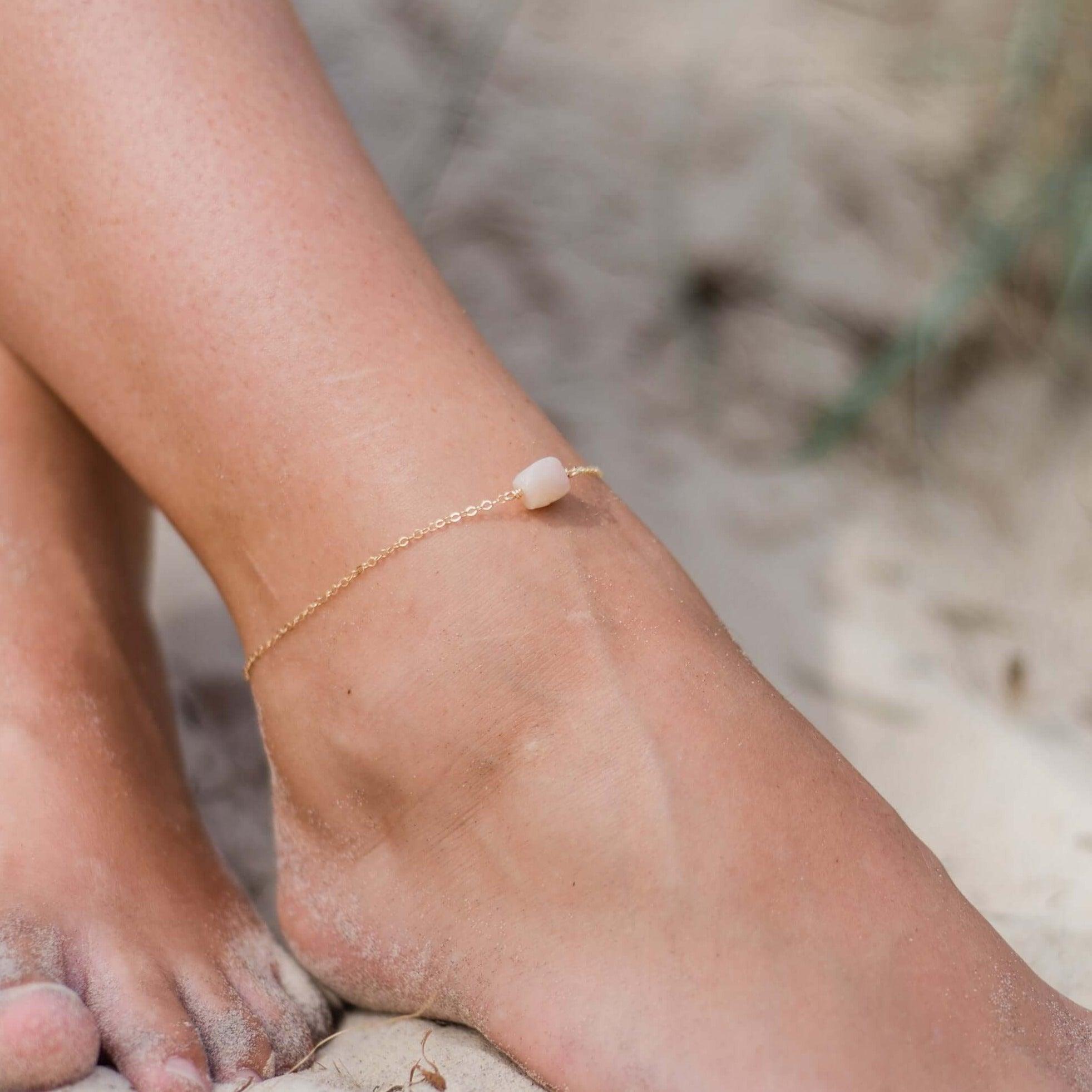 Raw Pink Peruvian Opal Crystal Nugget Anklet - Raw Pink Peruvian Opal Crystal Nugget Anklet - Sterling Silver - Luna Tide Handmade Crystal Jewellery