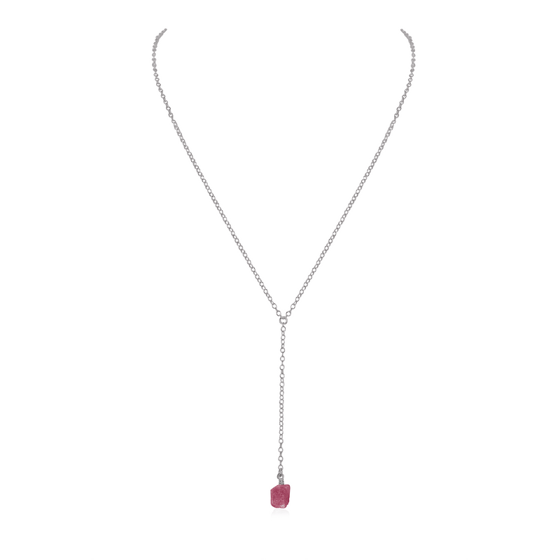 Raw Pink Tourmaline Crystal Lariat Necklace - Raw Pink Tourmaline Crystal Lariat Necklace - Stainless Steel - Luna Tide Handmade Crystal Jewellery