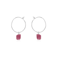 Raw Pink Tourmaline Gemstone Dangle Hoop Earrings - Raw Pink Tourmaline Gemstone Dangle Hoop Earrings - Sterling Silver - Luna Tide Handmade Crystal Jewellery