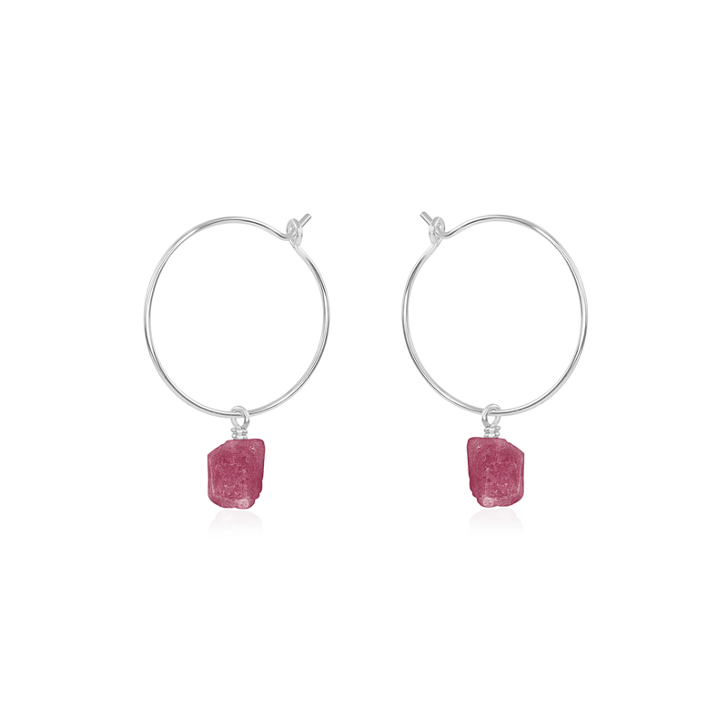 Raw Pink Tourmaline Gemstone Dangle Hoop Earrings - Raw Pink Tourmaline Gemstone Dangle Hoop Earrings - Sterling Silver - Luna Tide Handmade Crystal Jewellery