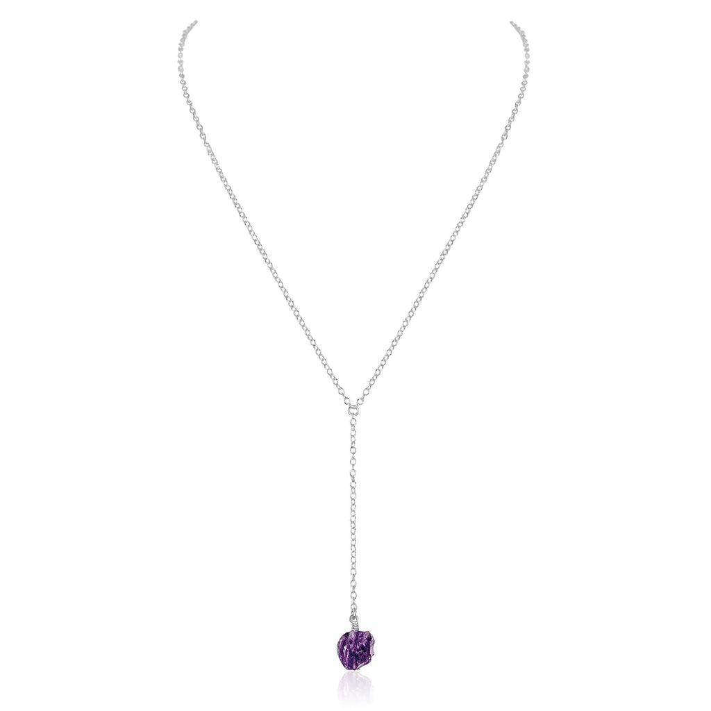 Raw Purple Amethyst Crystal Lariat Necklace - Raw Purple Amethyst Crystal Lariat Necklace - Sterling Silver - Luna Tide Handmade Crystal Jewellery