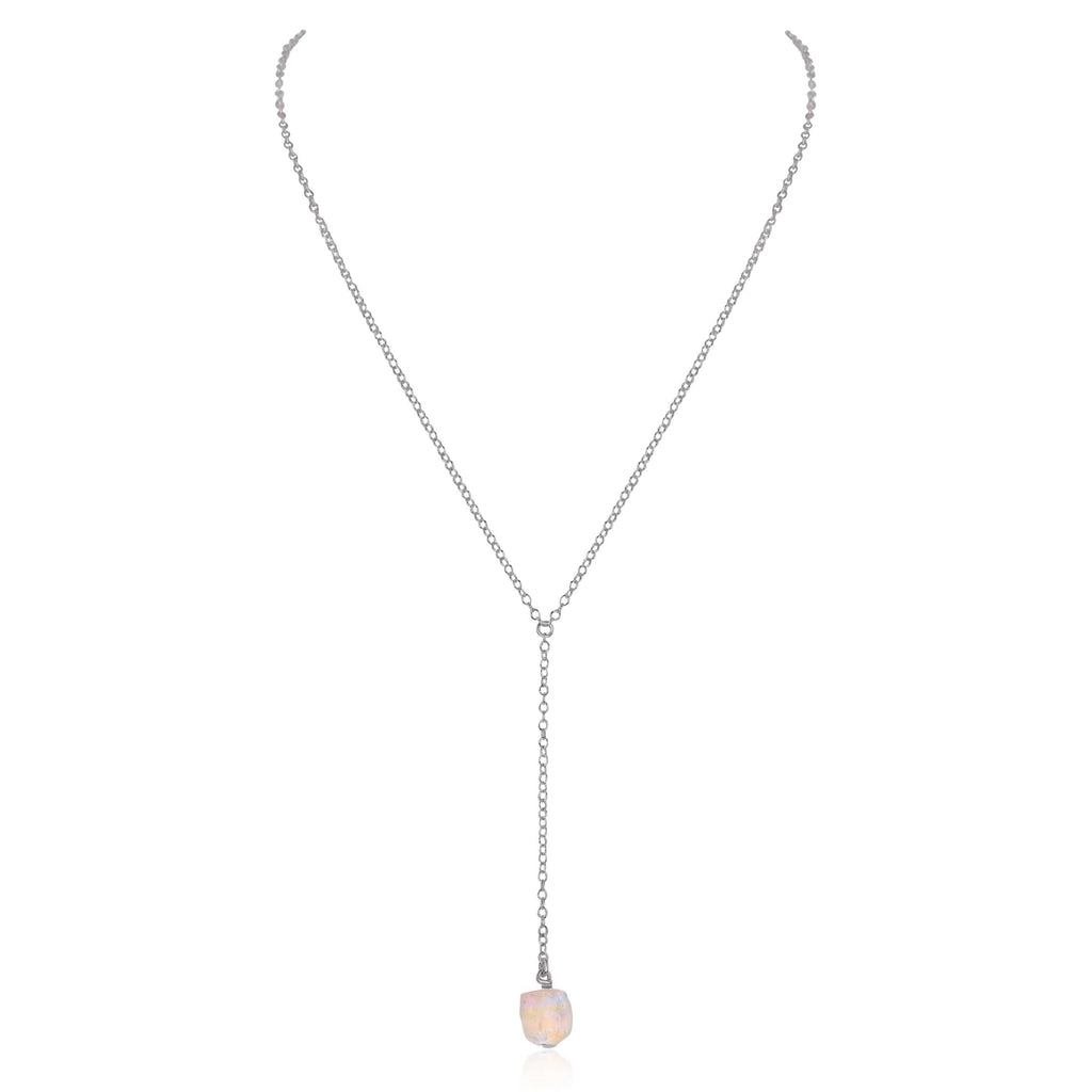 Raw Rainbow Moonstone Crystal Lariat Necklace - Raw Rainbow Moonstone Crystal Lariat Necklace - Stainless Steel - Luna Tide Handmade Crystal Jewellery