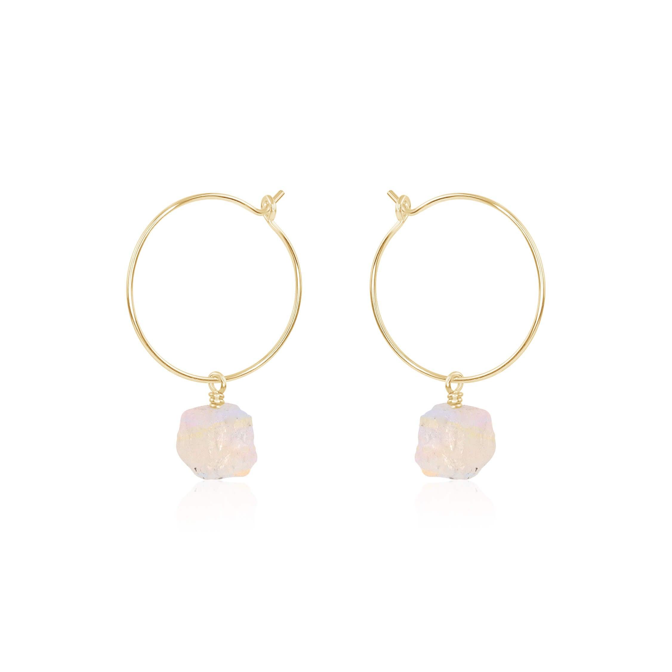 Raw Rainbow Moonstone Gemstone Dangle Hoop Earrings - Raw Rainbow Moonstone Gemstone Dangle Hoop Earrings - 14k Gold Fill - Luna Tide Handmade Crystal Jewellery