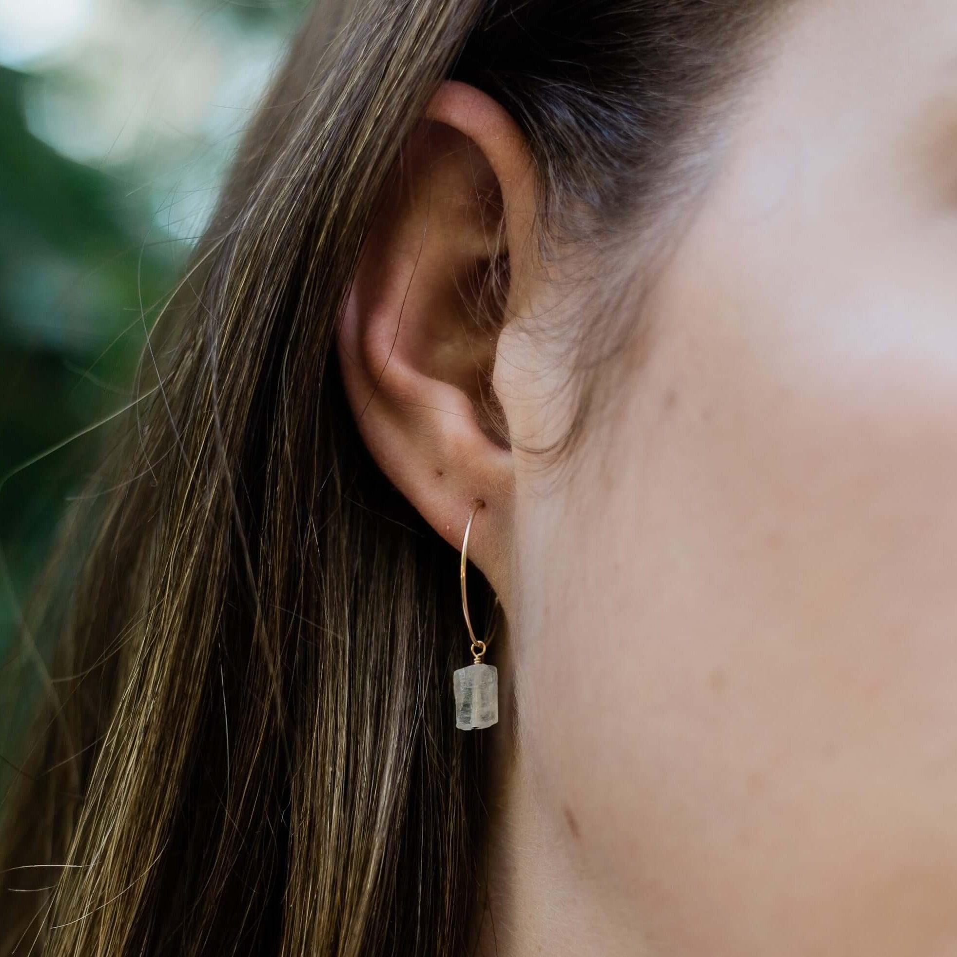 Raw Rainbow Moonstone Gemstone Dangle Hoop Earrings - Raw Rainbow Moonstone Gemstone Dangle Hoop Earrings - 14k Gold Fill - Luna Tide Handmade Crystal Jewellery