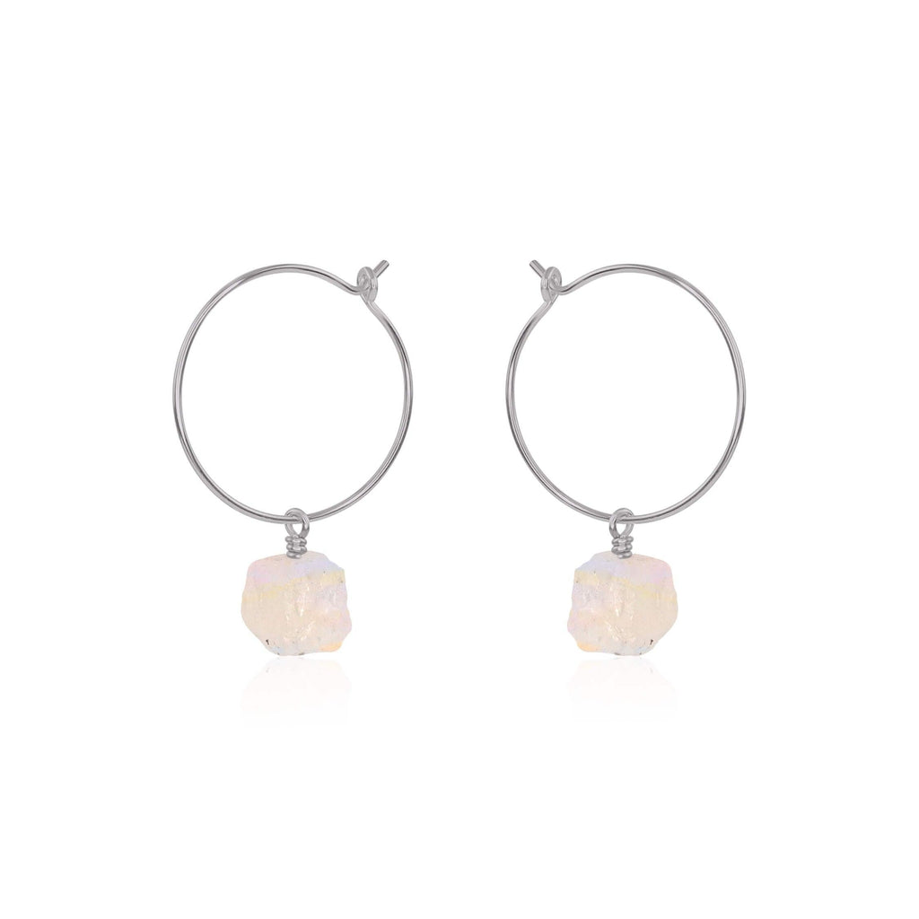 Raw Rainbow Moonstone Gemstone Dangle Hoop Earrings - Raw Rainbow Moonstone Gemstone Dangle Hoop Earrings - Stainless Steel - Luna Tide Handmade Crystal Jewellery