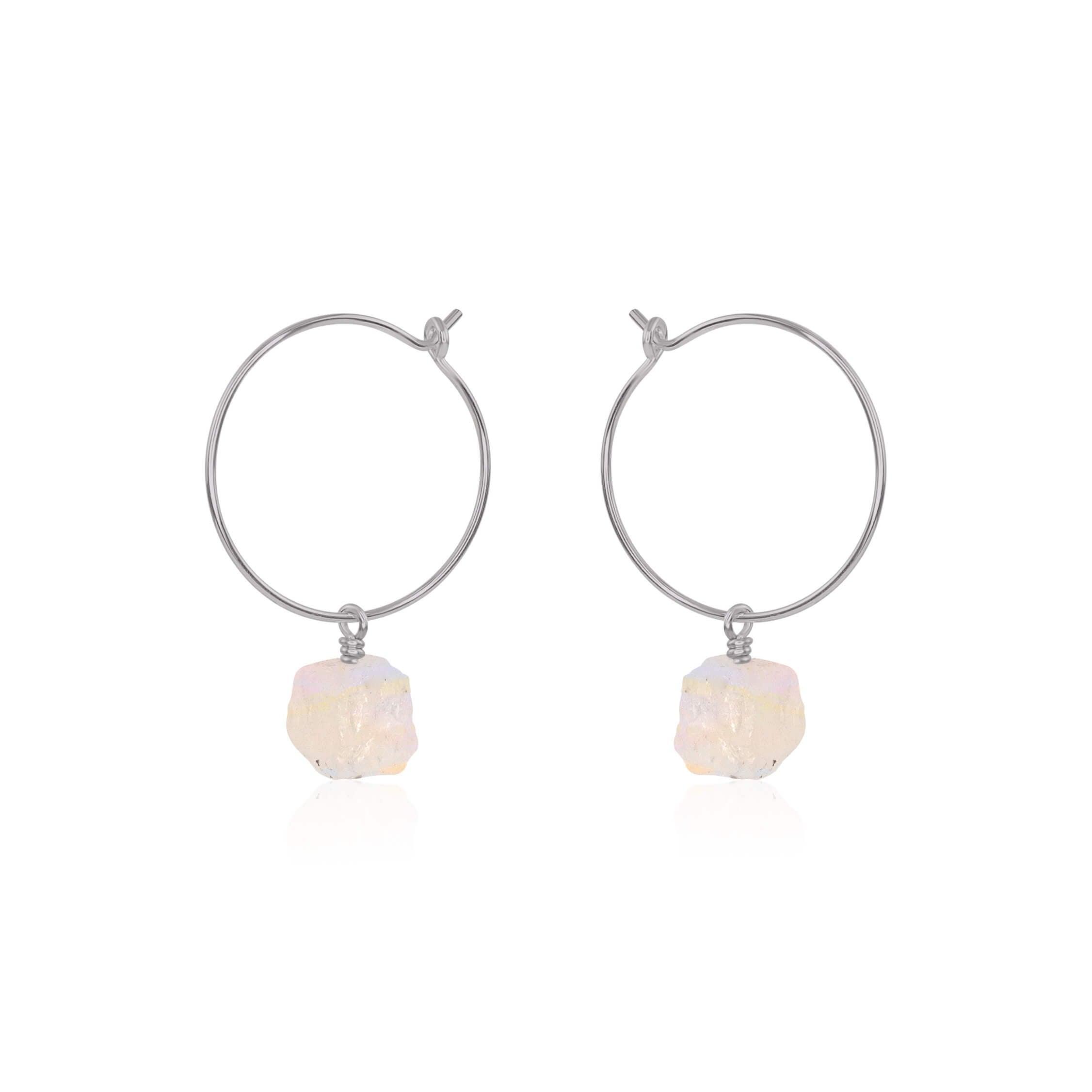 Raw Rainbow Moonstone Gemstone Dangle Hoop Earrings - Raw Rainbow Moonstone Gemstone Dangle Hoop Earrings - Stainless Steel - Luna Tide Handmade Crystal Jewellery