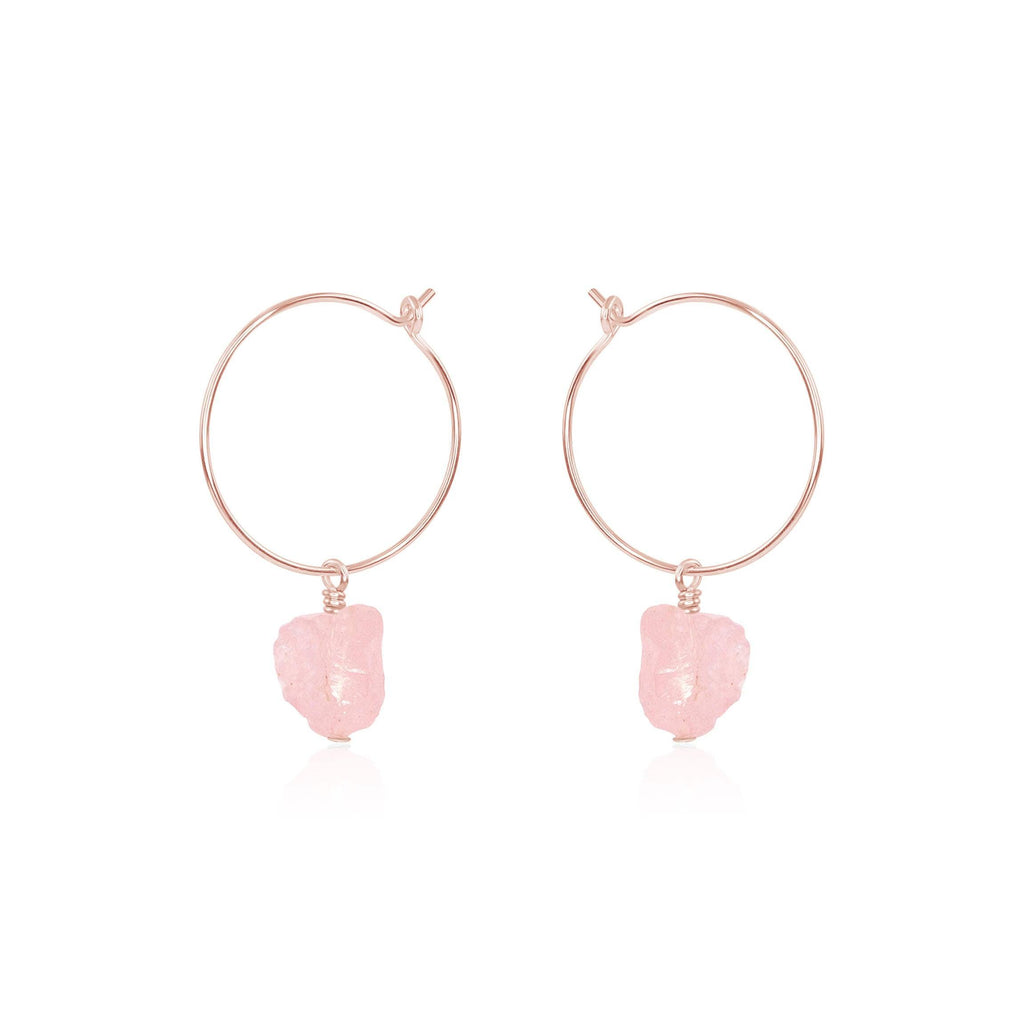 Raw Rose Quartz Gemstone Dangle Hoop Earrings - Raw Rose Quartz Gemstone Dangle Hoop Earrings - 14k Rose Gold Fill - Luna Tide Handmade Crystal Jewellery