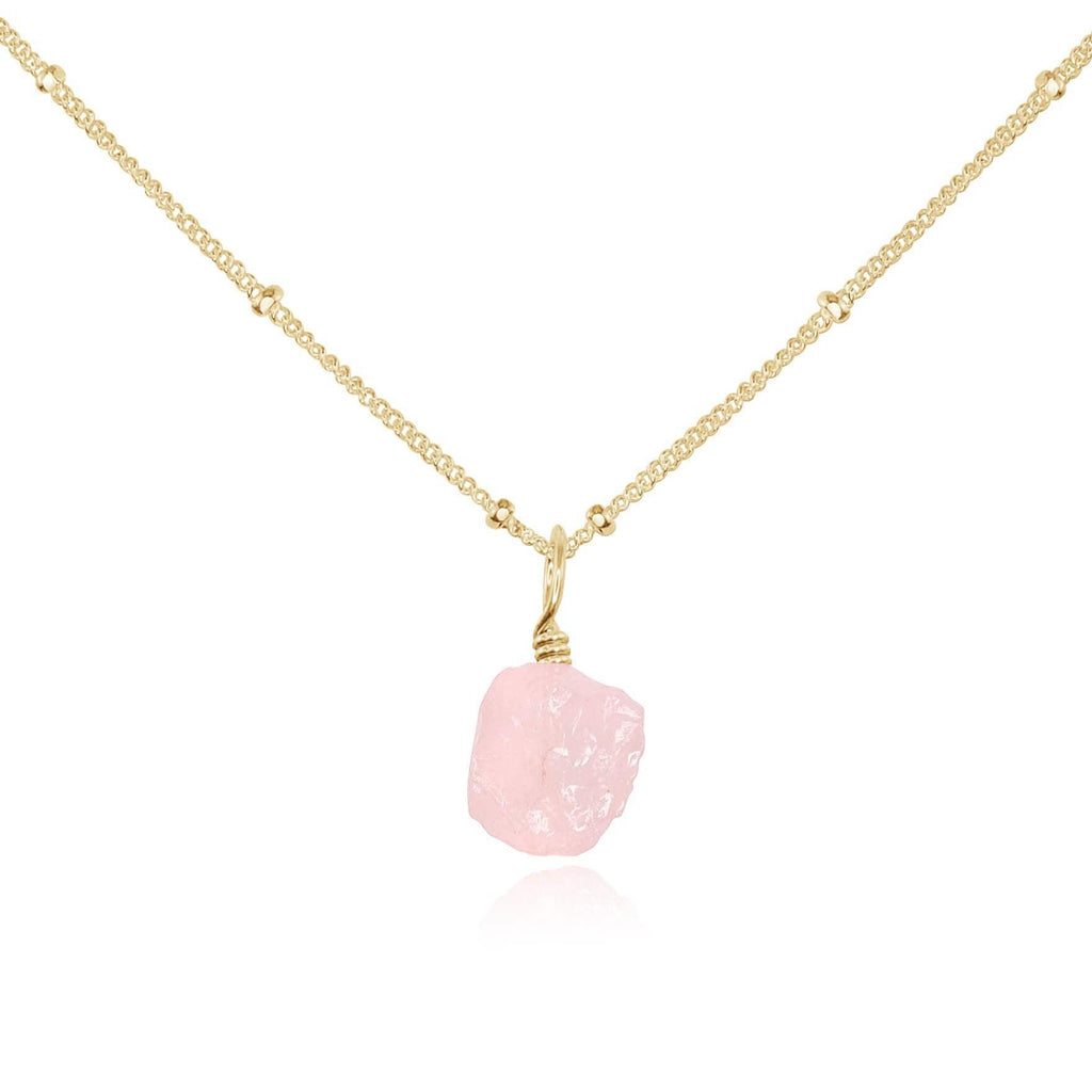 Raw Rose Quartz Natural Crystal Pendant Necklace - Raw Rose Quartz Natural Crystal Pendant Necklace - 14k Gold Fill / Satellite - Luna Tide Handmade Crystal Jewellery