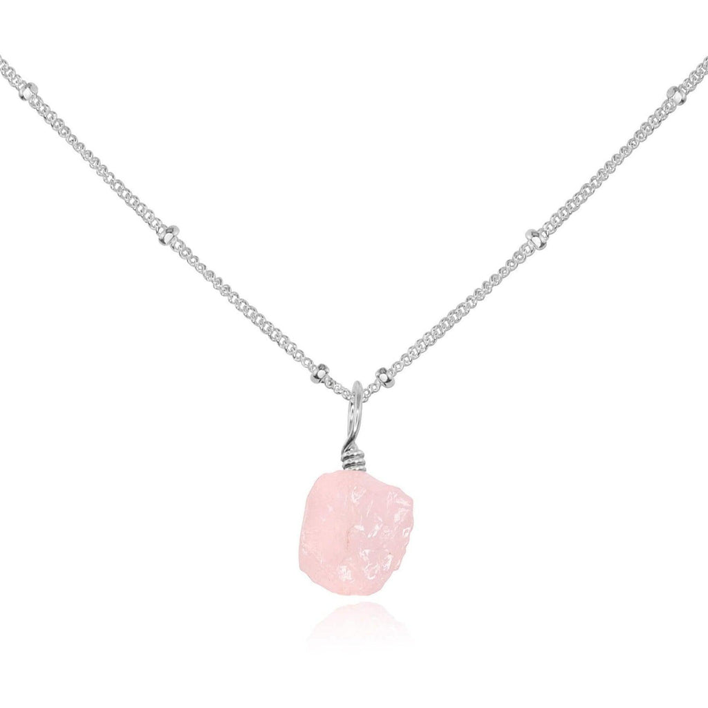 Raw Rose Quartz Natural Crystal Pendant Necklace - Raw Rose Quartz Natural Crystal Pendant Necklace - Sterling Silver / Satellite - Luna Tide Handmade Crystal Jewellery