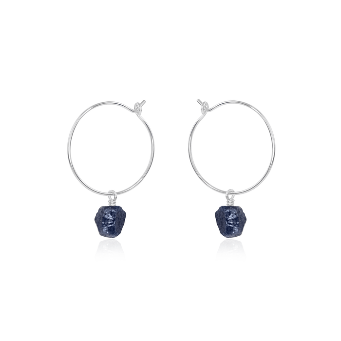 Raw Sapphire Gemstone Dangle Hoop Earrings - Raw Sapphire Gemstone Dangle Hoop Earrings - Sterling Silver - Luna Tide Handmade Crystal Jewellery