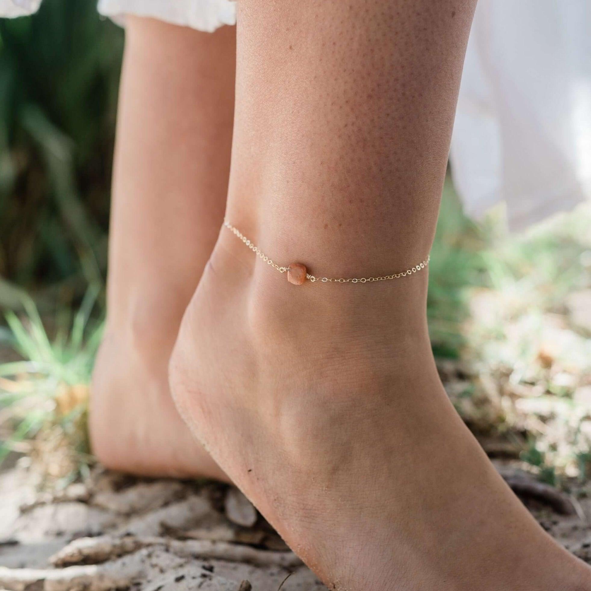 Raw Sunstone Crystal Nugget Anklet - Raw Sunstone Crystal Nugget Anklet - 14k Gold Fill - Luna Tide Handmade Crystal Jewellery