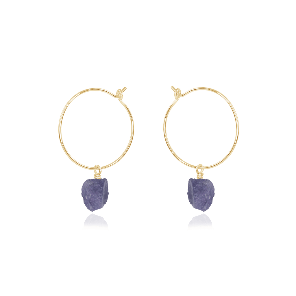 Raw Tanzanite Gemstone Dangle Hoop Earrings - Raw Tanzanite Gemstone Dangle Hoop Earrings - 14k Gold Fill - Luna Tide Handmade Crystal Jewellery